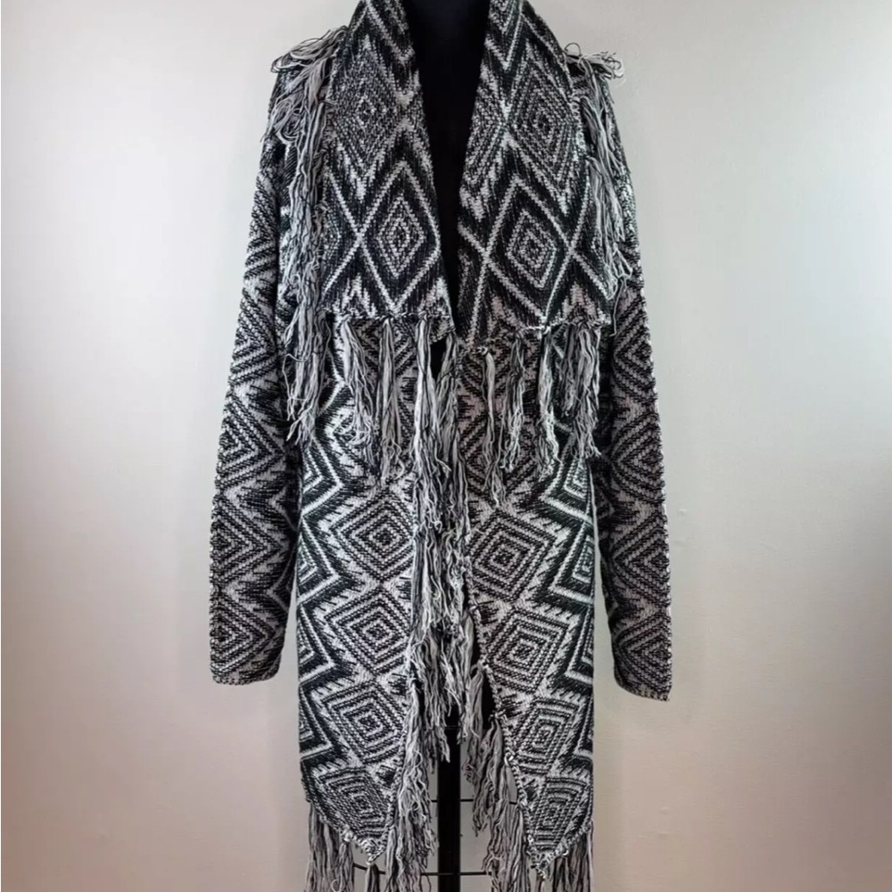 Lascana Geometric Print Fringe Drape Waterfall Cardigan Small